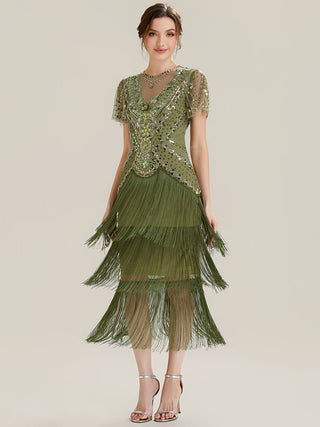 Short Sleeve Ruffle Sequin Round Neck Tiered Midi Wedding Guest Dresses