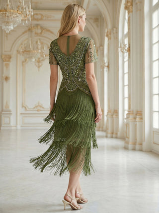 Short Sleeve Ruffle Sequin Round Neck Tiered Midi Wedding Guest Dresses