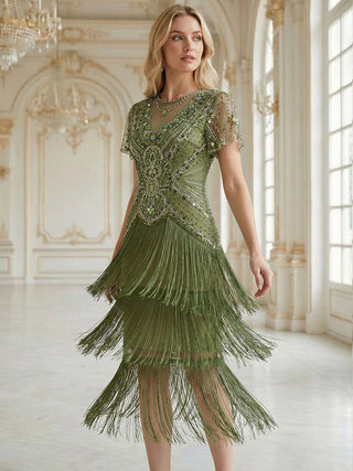 Short Sleeve Ruffle Sequin Round Neck Tiered Midi Wedding Guest Dresses