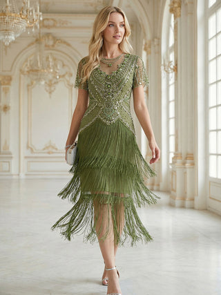 Short Sleeve Ruffle Sequin Round Neck Tiered Midi Wedding Guest Dresses
