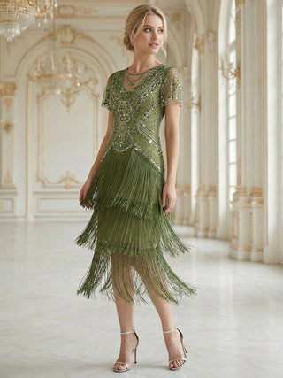 Short Sleeve Ruffle Sequin Round Neck Tiered Midi Wedding Guest Dresses