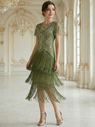 Short Sleeve Ruffle Sequin Round Neck Tiered Midi Wedding Guest Dresses