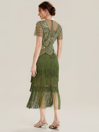Short Sleeve Ruffle Sequin Round Neck Tiered Midi Wedding Guest Dresses