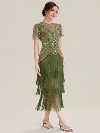Short Sleeve Ruffle Sequin Round Neck Tiered Midi Wedding Guest Dresses