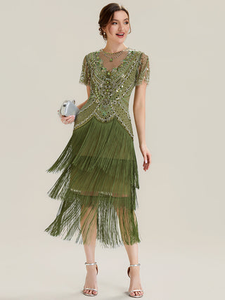 Short Sleeve Ruffle Sequin Round Neck Tiered Midi Wedding Guest Dresses