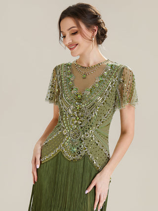 Short Sleeve Ruffle Sequin Round Neck Tiered Midi Wedding Guest Dresses