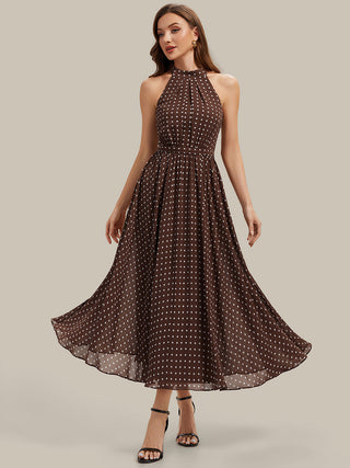 Sleeveless Halter Neck Pleated A-Line Midi Polka Dot Wedding Guest Dresses