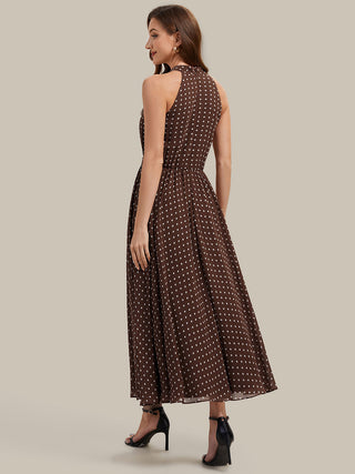 Sleeveless Halter Neck Pleated A-Line Midi Polka Dot Wedding Guest Dresses