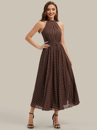 Sleeveless Halter Neck Pleated A-Line Midi Polka Dot Wedding Guest Dresses