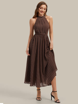 Sleeveless Halter Neck Pleated A-Line Midi Polka Dot Wedding Guest Dresses