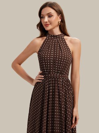 Sleeveless Halter Neck Pleated A-Line Midi Polka Dot Wedding Guest Dresses