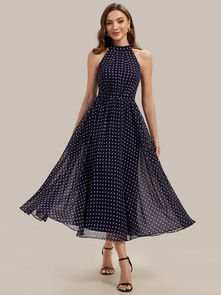 Sleeveless Halter Neck Pleated A-Line Midi Polka Dot Wedding Guest Dresses