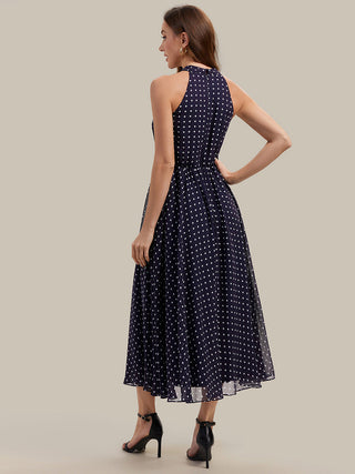 Sleeveless Halter Neck Pleated A-Line Midi Polka Dot Wedding Guest Dresses