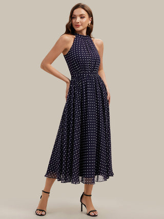 Sleeveless Halter Neck Pleated A-Line Midi Polka Dot Wedding Guest Dresses