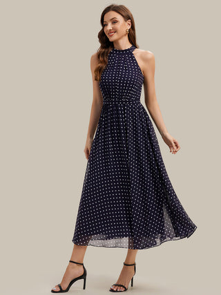 Sleeveless Halter Neck Pleated A-Line Midi Polka Dot Wedding Guest Dresses