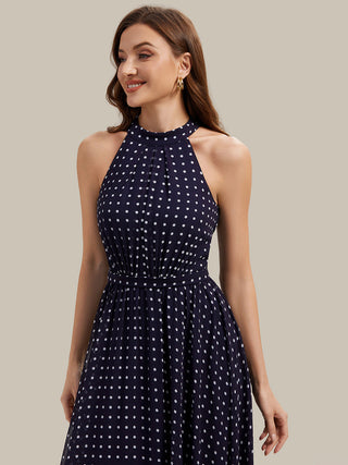 Sleeveless Halter Neck Pleated A-Line Midi Polka Dot Wedding Guest Dresses