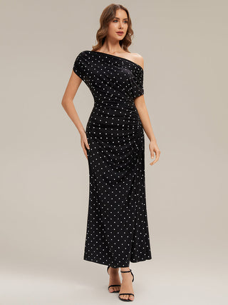 Short Sleeves Asymmetrical Polka Dot Sheath Maxi Wedding Guest Dresses