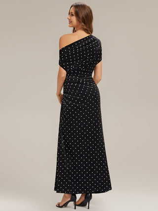 Short Sleeves Asymmetrical Polka Dot Sheath Maxi Wedding Guest Dresses