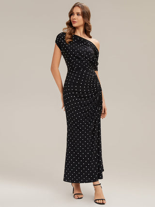 Short Sleeves Asymmetrical Polka Dot Sheath Maxi Wedding Guest Dresses