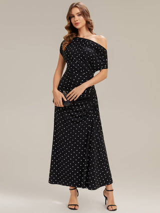 Short Sleeves Asymmetrical Polka Dot Sheath Maxi Wedding Guest Dresses