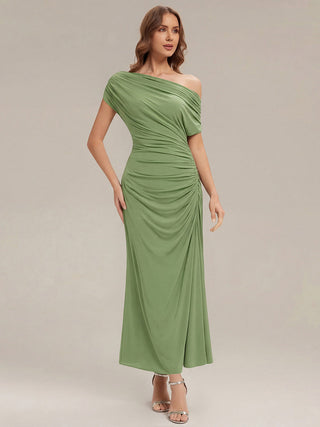 Short Sleeves Asymmetrical Polka Dot Sheath Maxi Wedding Guest Dresses