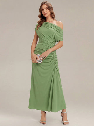 Short Sleeves Asymmetrical Polka Dot Sheath Maxi Wedding Guest Dresses