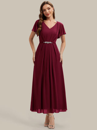 Short Sleeve Ruffle V-Neck Beaded A-Line Maxi Wedding Guest Dresses
