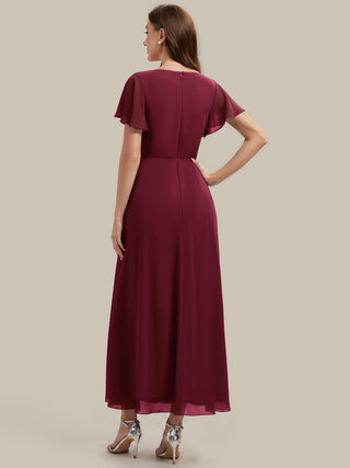 Short Sleeve Ruffle V-Neck Beaded A-Line Maxi Wedding Guest Dresses