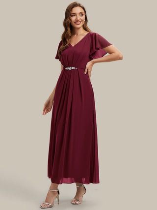Short Sleeve Ruffle V-Neck Beaded A-Line Maxi Wedding Guest Dresses