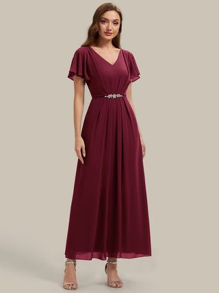 Short Sleeve Ruffle V-Neck Beaded A-Line Maxi Wedding Guest Dresses