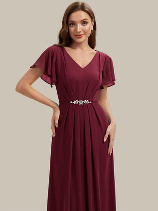 Short Sleeve Ruffle V-Neck Beaded A-Line Maxi Wedding Guest Dresses