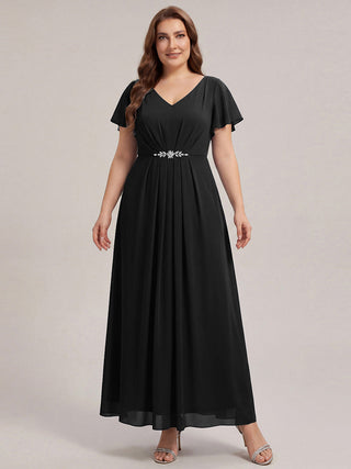 Short Sleeve Ruffle V-Neck Beaded A-Line Maxi Wedding Guest Dresses