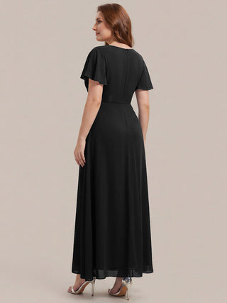 Short Sleeve Ruffle V-Neck Beaded A-Line Maxi Wedding Guest Dresses