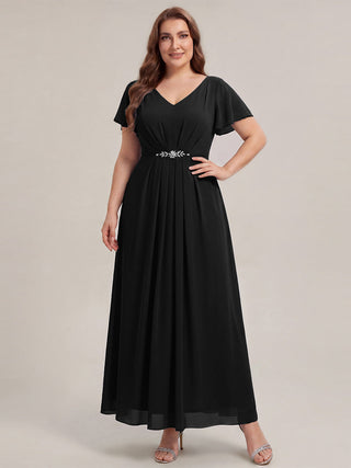 Short Sleeve Ruffle V-Neck Beaded A-Line Maxi Wedding Guest Dresses