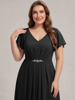 Short Sleeve Ruffle V-Neck Beaded A-Line Maxi Wedding Guest Dresses