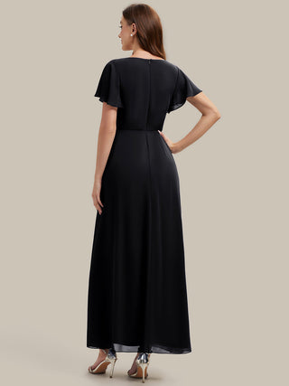 Short Sleeve Ruffle V-Neck Beaded A-Line Maxi Wedding Guest Dresses