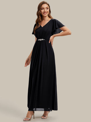 Short Sleeve Ruffle V-Neck Beaded A-Line Maxi Wedding Guest Dresses