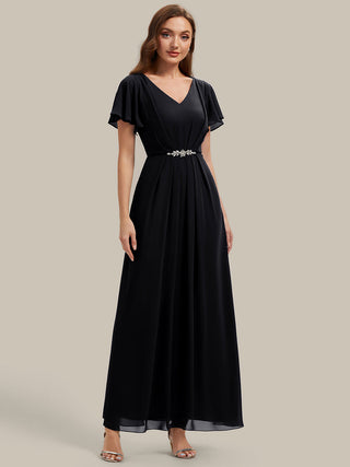 Short Sleeve Ruffle V-Neck Beaded A-Line Maxi Wedding Guest Dresses