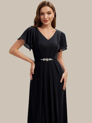 Short Sleeve Ruffle V-Neck Beaded A-Line Maxi Wedding Guest Dresses