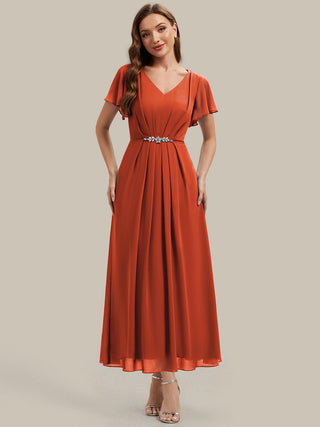 Short Sleeve Ruffle V-Neck Beaded A-Line Maxi Wedding Guest Dresses