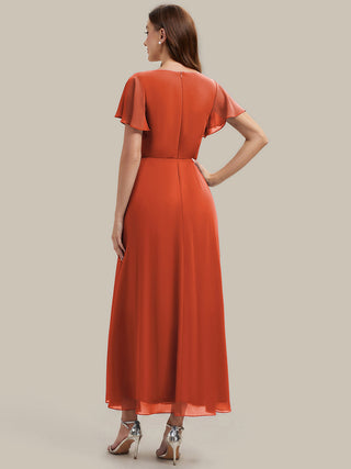 Short Sleeve Ruffle V-Neck Beaded A-Line Maxi Wedding Guest Dresses