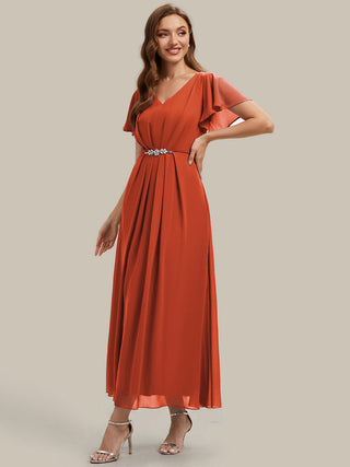Short Sleeve Ruffle V-Neck Beaded A-Line Maxi Wedding Guest Dresses