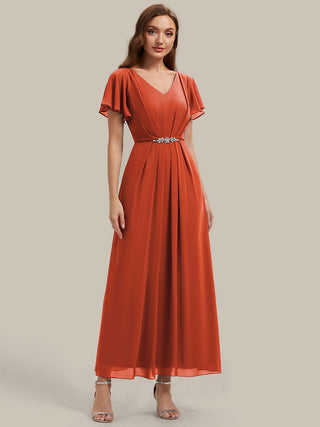 Short Sleeve Ruffle V-Neck Beaded A-Line Maxi Wedding Guest Dresses