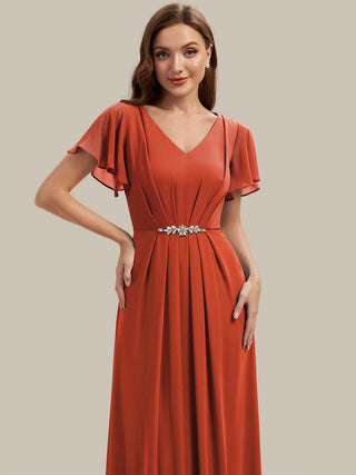 Short Sleeve Ruffle V-Neck Beaded A-Line Maxi Wedding Guest Dresses