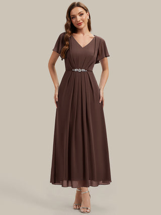 Short Sleeve Ruffle V-Neck Beaded A-Line Maxi Wedding Guest Dresses
