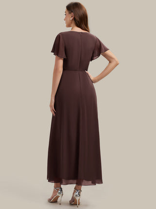 Short Sleeve Ruffle V-Neck Beaded A-Line Maxi Wedding Guest Dresses