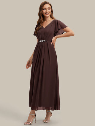 Short Sleeve Ruffle V-Neck Beaded A-Line Maxi Wedding Guest Dresses