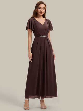 Short Sleeve Ruffle V-Neck Beaded A-Line Maxi Wedding Guest Dresses