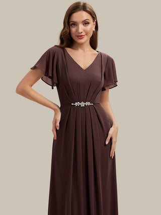 Short Sleeve Ruffle V-Neck Beaded A-Line Maxi Wedding Guest Dresses