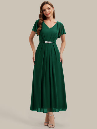 Short Sleeve Ruffle V-Neck Beaded A-Line Maxi Wedding Guest Dresses